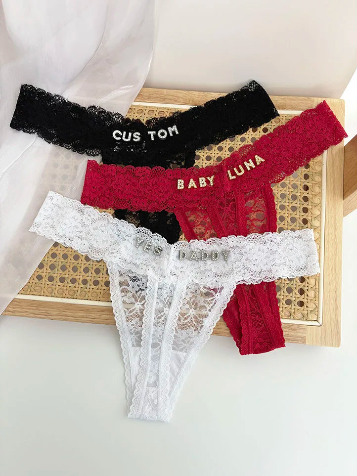 Personality Custom Name Crystal Letter Thong Sexy Lace Bikini Panties G-String Low Waist Briefs Ladies Knickers Hot Wife Gift