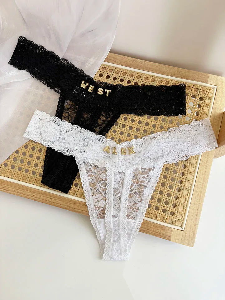 Personality Custom Name Crystal Letter Thong Sexy Lace Bikini Panties G-String Low Waist Briefs Ladies Knickers Hot Wife Gift