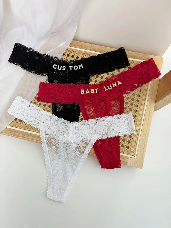 Personality Custom Name Crystal Letter Thong Sexy Lace Bikini Panties G-String Low Waist Briefs Ladies Knickers Hot Wife Gift
