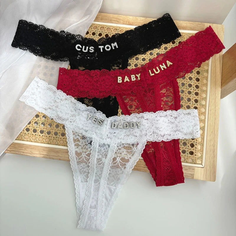 Personality Custom Name Crystal Letter Thong Sexy Lace Bikini Panties G-String Low Waist Briefs Ladies Knickers Hot Wife Gift