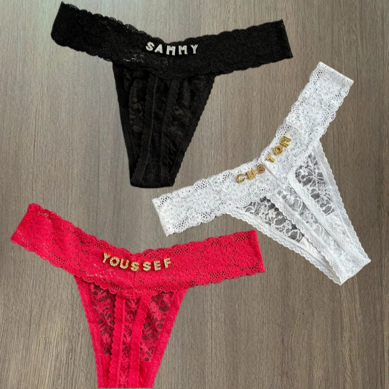 Personality Custom Name Crystal Letter Thong Sexy Lace Bikini Panties G-String Low Waist Briefs Ladies Knickers Hot Wife Gift