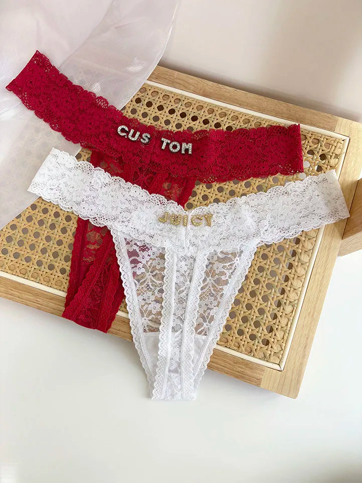 Personality Custom Name Crystal Letter Thong Sexy Lace Bikini Panties G-String Low Waist Briefs Ladies Knickers Hot Wife Gift