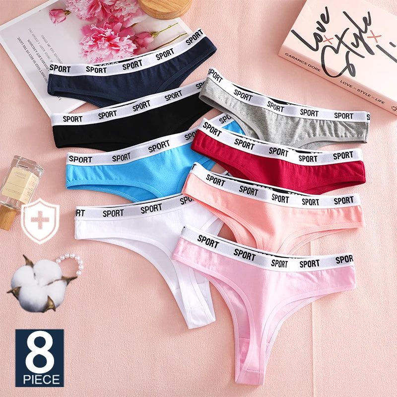 FINETOO 8PCS/Set Cotton Thongs For Women Sport Brand G-String Sexy Underwear Female Soft Coton Tangas Woman Thong Tanga S-XL