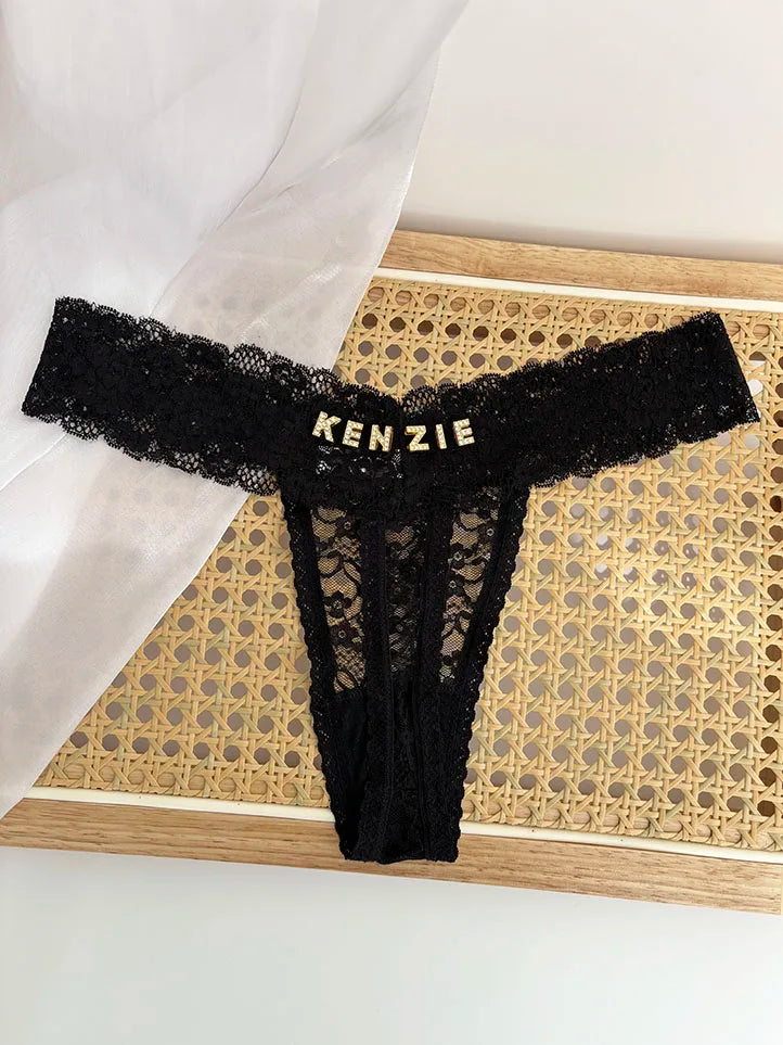 Personality Custom Name Crystal Letter Thong Sexy Lace Bikini Panties G-String Low Waist Briefs Ladies Knickers Hot Wife Gift