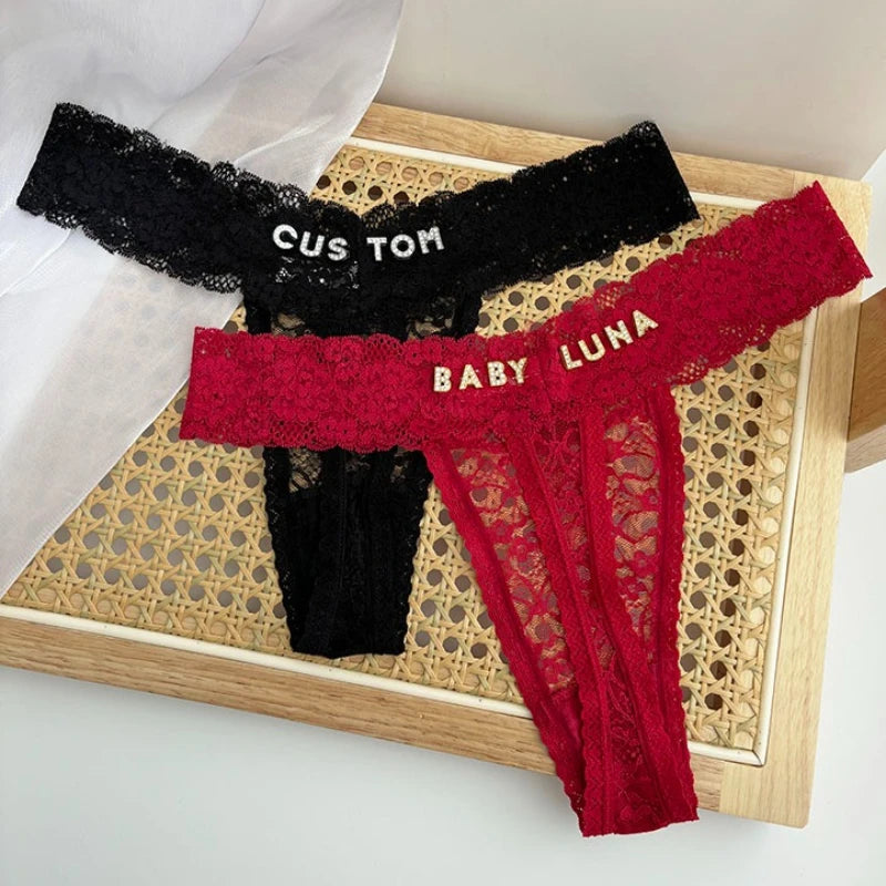 Personality Custom Name Crystal Letter Thong Sexy Lace Bikini Panties G-String Low Waist Briefs Ladies Knickers Hot Wife Gift